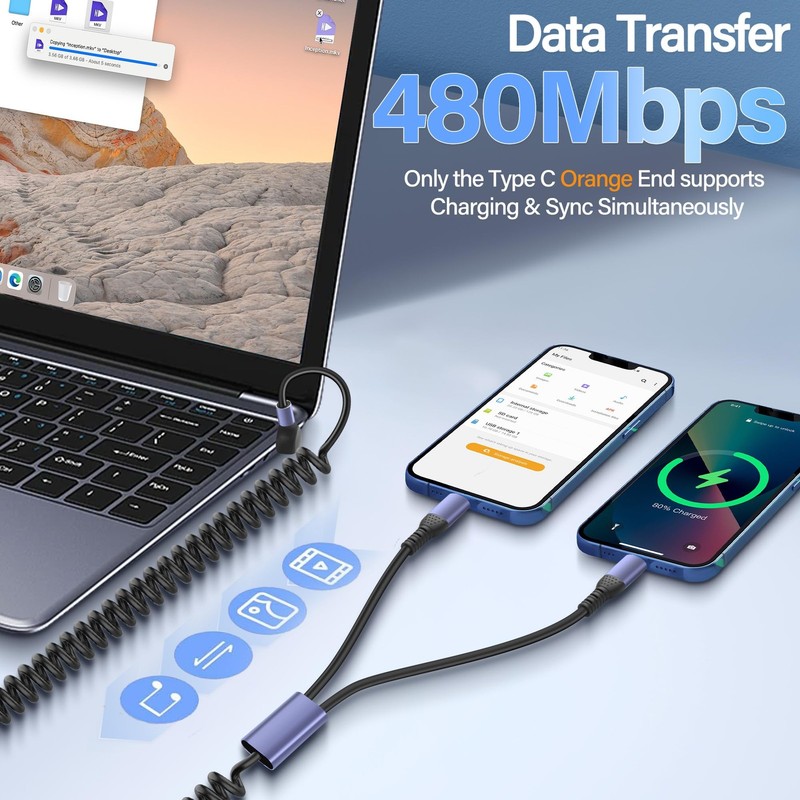 90 Degree USB Type C Spring Cable To 2 Y Splitter Fast Charging Cord 5.9ft gallery