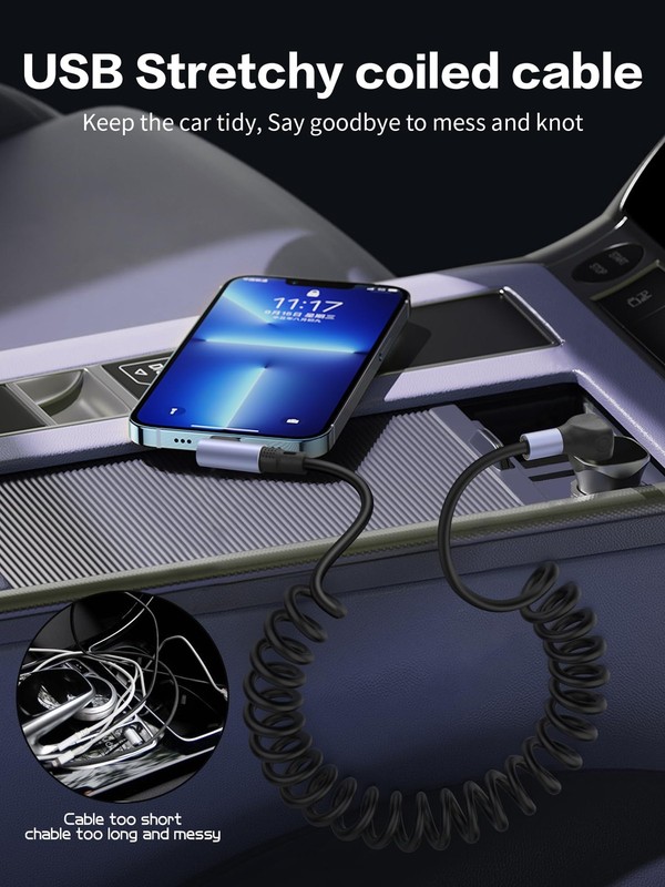 3.2FT 90 Degree Coiled USB A To USB C Cable 6A 65W Fast Charging Retractable gallery