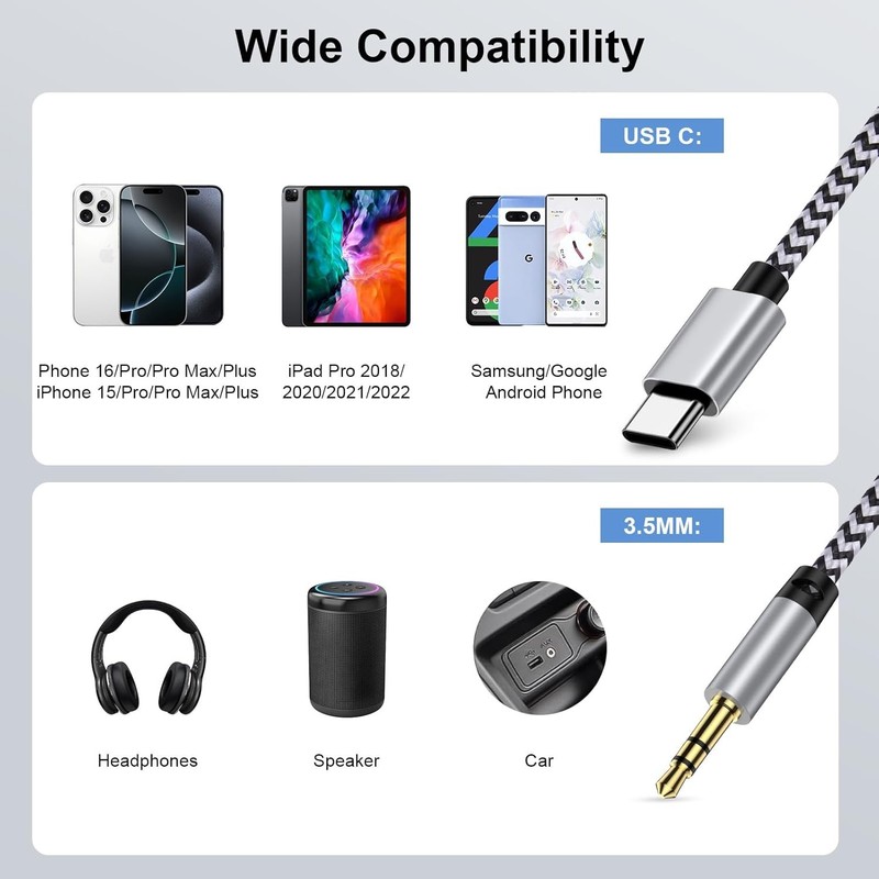 USB C to Aux Cord for iPhone 17 Pro Max, 3FT Type C to 3.5mm Audio Aux Adapter C gallery