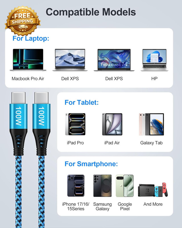 100W USB C Charger Cable 2Pack/6Ft PD 5A Super Fast Charging Type-C Cable gallery