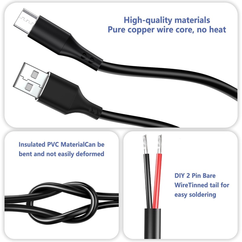 10 PCS USB A, USB C to 2-Pin Bare Wire Pigtail Cable Kit, 12V 3A, 5V 3A, DIY gallery