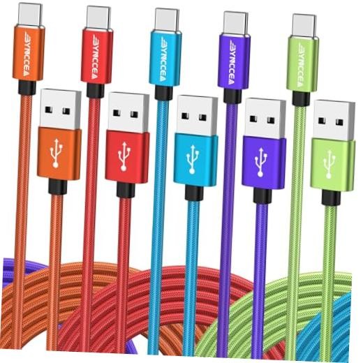 Bynccea 5 Pack USB C Cable 10ft Type C Red/Blue/Purple/Orange/Light Green*10ft gallery