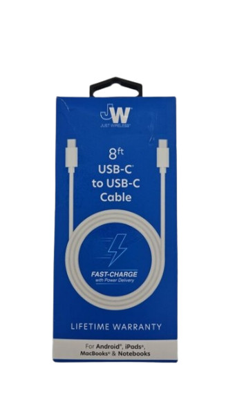 Just Wireless 8′ USB-C to USB-C PVC Cable – White