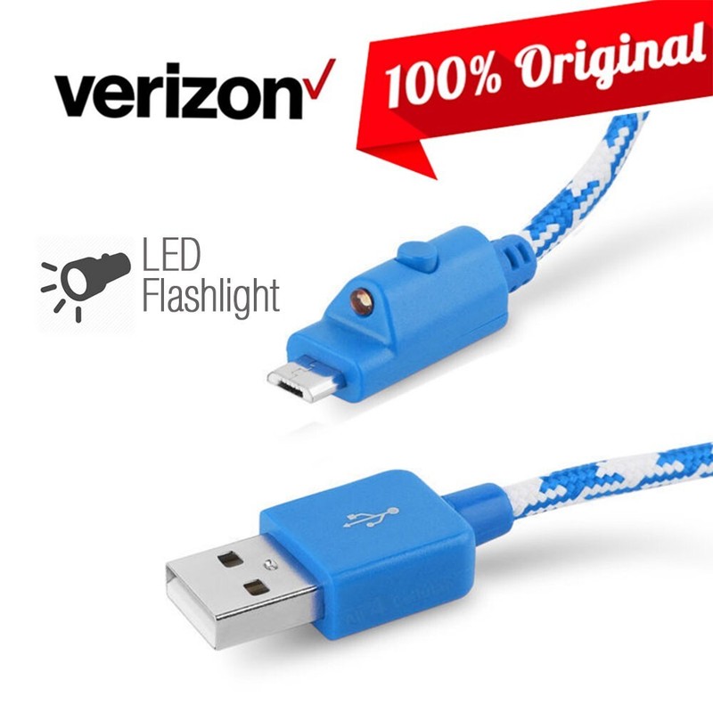 Verizon Braided Blue Micro-USB Charging Data Cable w/LED for Samsung LG Motorola