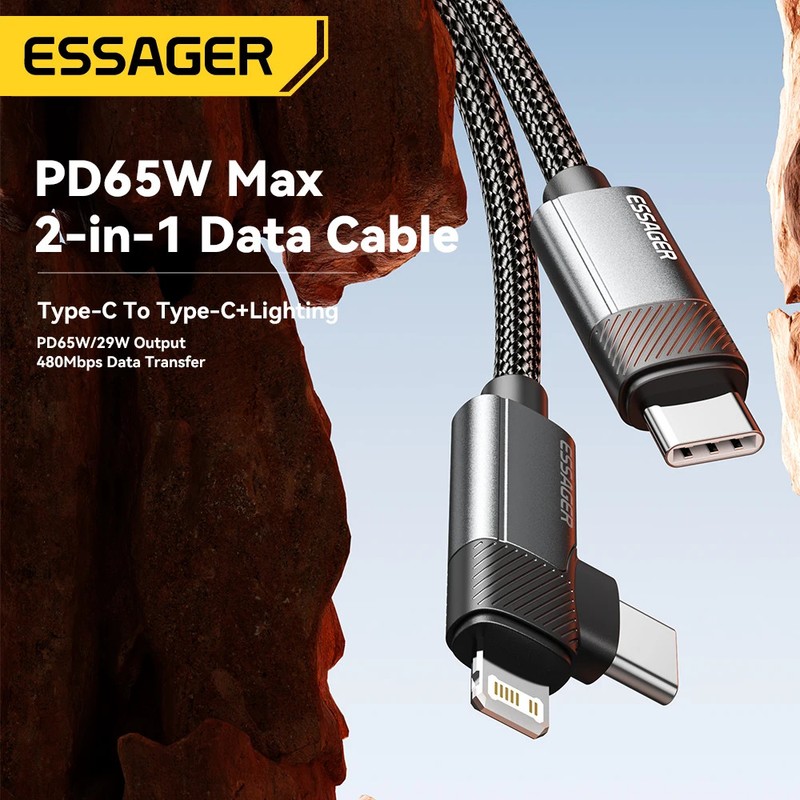 2-in-1 Right Angle USB-C Fast Charging Cable 65W PD Data Cable for iPhone gallery