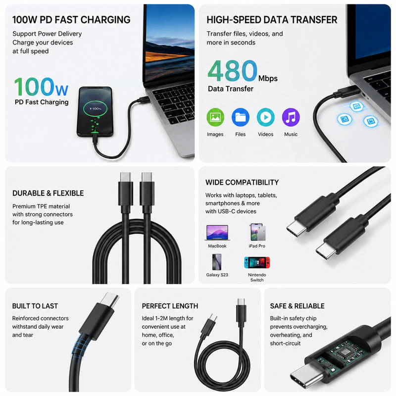 USB-C to USB C Type-C Fast Charging Data SYNC Charger Cable Cord 3 ft gallery