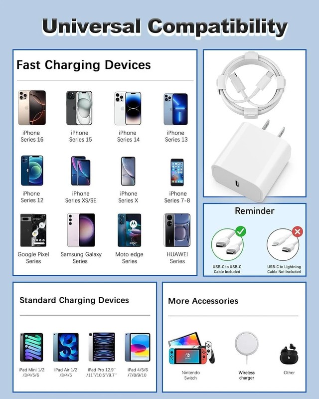 1 Set Fast Charging-20W USB C Power Brick Adapter 6Ft Type-C to C Cable gallery