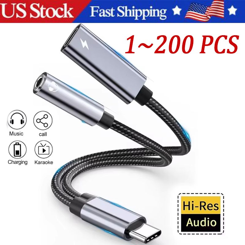 2 in 1 Type-C USB C to 3.5mm AUX Audio Headphone Jack Adapter Charger Cable LOT