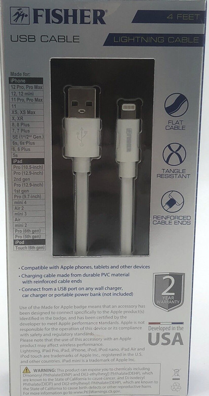 FISHER USB Cable 4 ft Lighting Cable for iPhone | iPad | iPod White gallery