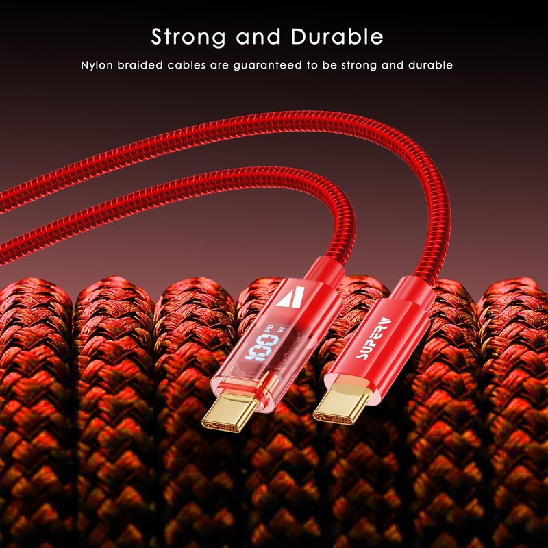 6.6ft/200cm Type C Cable with LED Display 5A PD 100W Fast Charging Red gallery