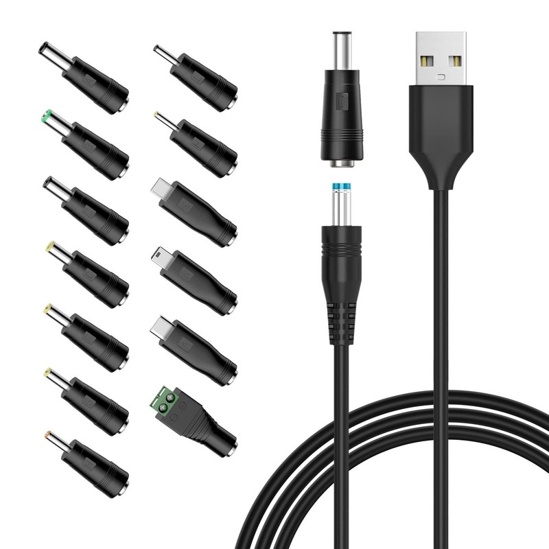 Lightweight 5ft USB to DC Power Cord for 5V Devices - 13 Adapter Plugs Included gallery