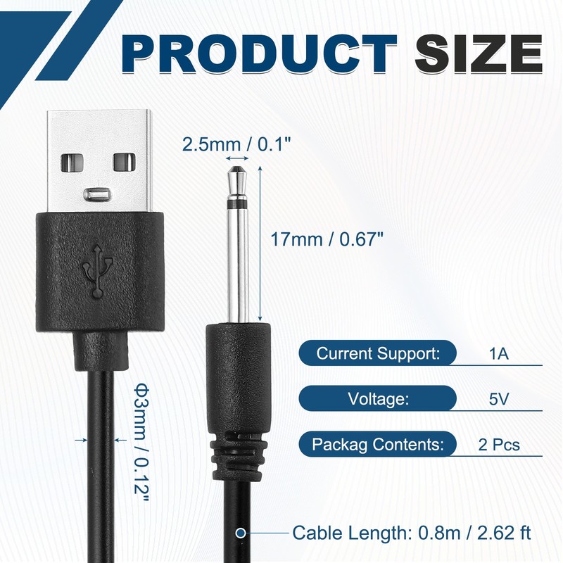 2Pcs 2.6FT DC Charging Cable, USB to DC Power Cable 2.5mm l 17mm, Black gallery