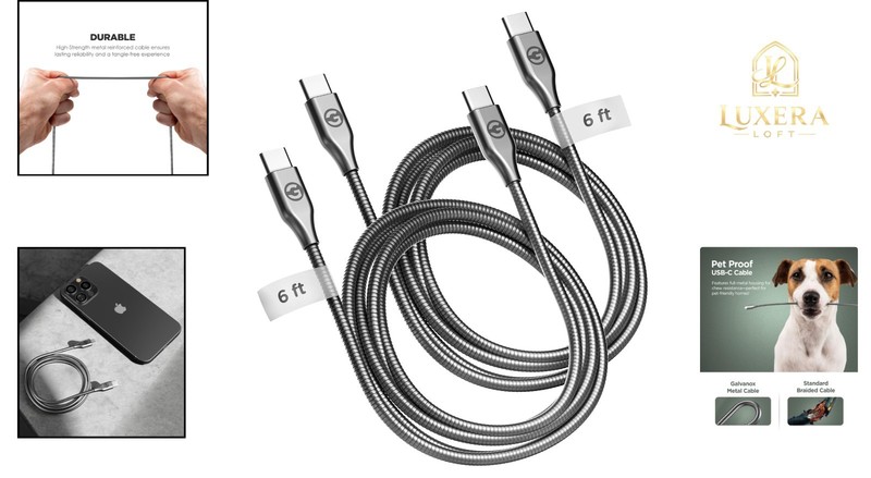 Pet Proof USB-C to USB-C Cables 2 Pack 6ft Braided Metal Fast Charging Grey gallery