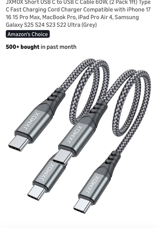 JXMOX 2 Pack High Quality Digital Cables USB C to USB C Cables 0.3M Gray