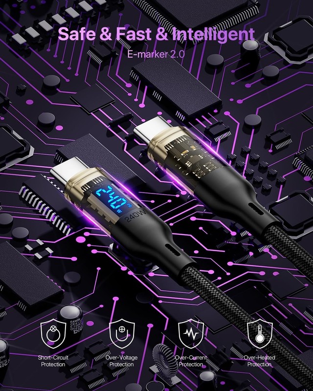 2-Pack 240W USB C to USB C Charging Cables - LED Display, 4ft, for All Devices gallery