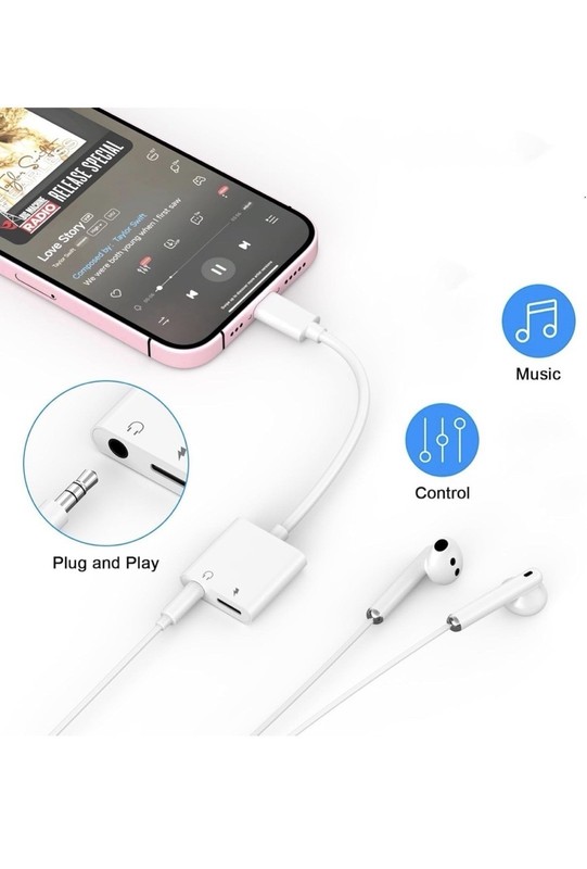 2 IN 1 Headphone Adapter Jack 8 Pin Data to 3.5mm AUX Cord Splitter, iPhone iPad gallery