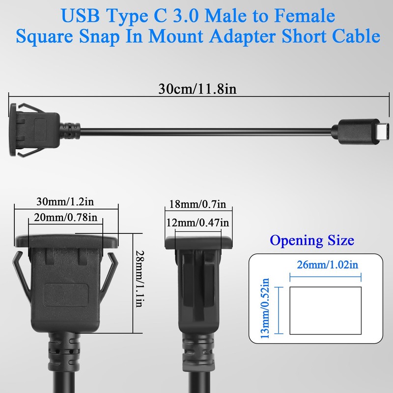 30cm 11.8in 5Gbps USB C Square Snap In Mount Adapter Short Cable PD60W Cord gallery