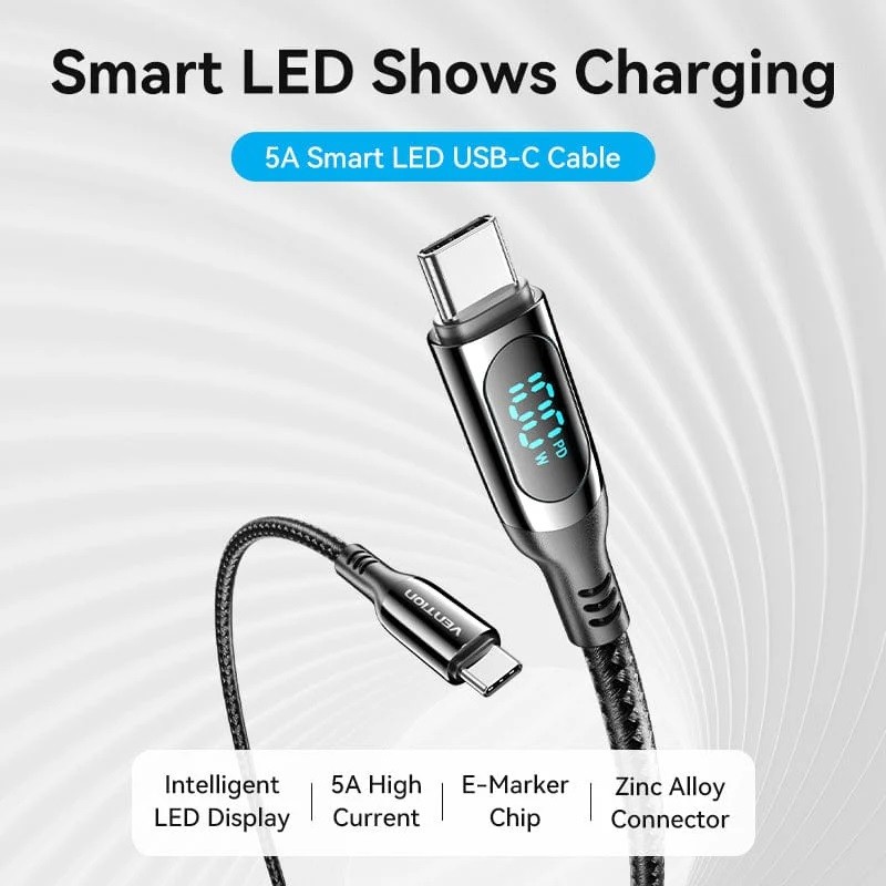 Vention USB Type-C to Type-C Cable Data Transfer 480Mbps PD100W With LED Display gallery