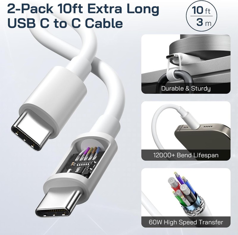 2Pack 10FT Long iPhone 17 16 15 Charger Fast Charging Type C To C Power Cord gallery