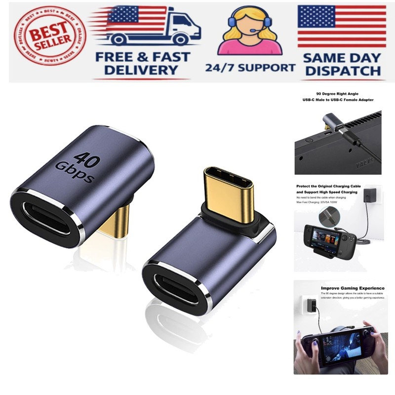 90 Degree USB-C Male to Female Adapter – 2 Pack, 100W Right Angle Extender