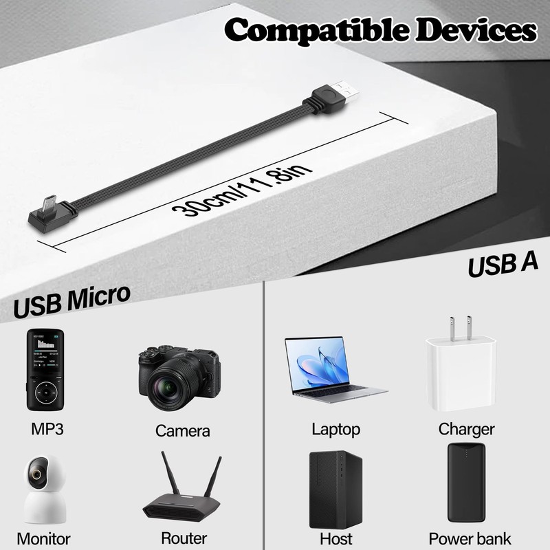 Right Angle USB A to Micro 5Pin Cable Flat Charging Cord Short Fits 1 FT gallery