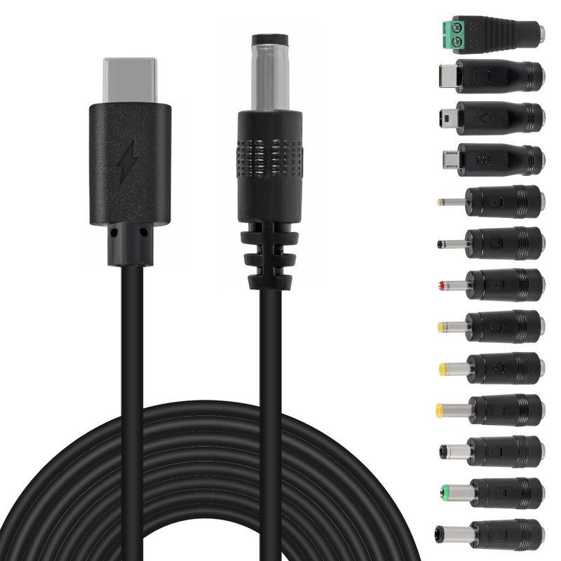 3.3 ft USB C to DC 9V Power Cord with 13 Connector Tips 5.5×2.5mm Plug