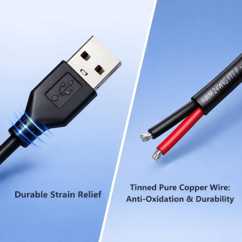 2 PCS 1.64ft Black USB Pigtail Power Cable Wire 24AWG 2A 5V Bare Open End gallery