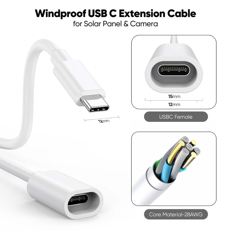 25FT USB C Extension Cable for Ring Solar Panel, White Waterproof USBC Male to F gallery