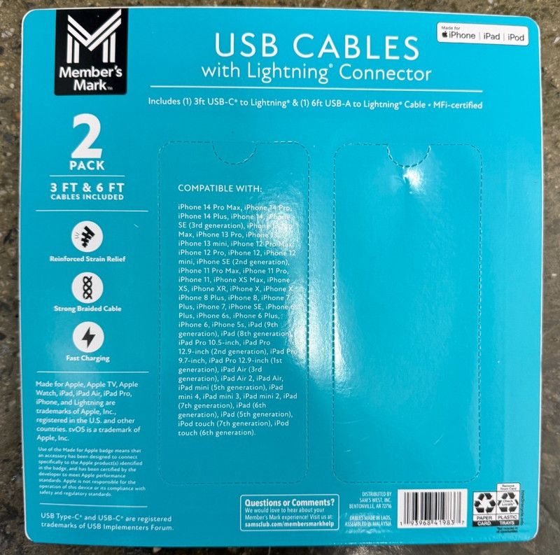 Member's Mark USB Type A to 8 Pin 3ft and 6ft Cables - 2 Pack For iPhone. gallery