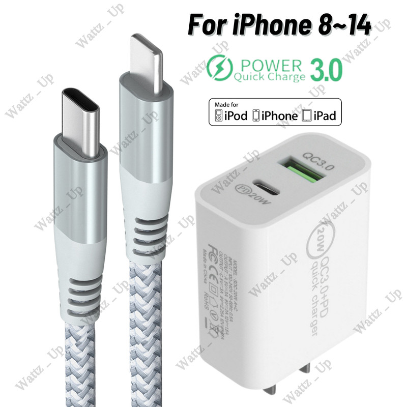 20W USB-C Power Adapter Block PD Fast Charger Cord For iPhone 14 13 12 11 X XR 8