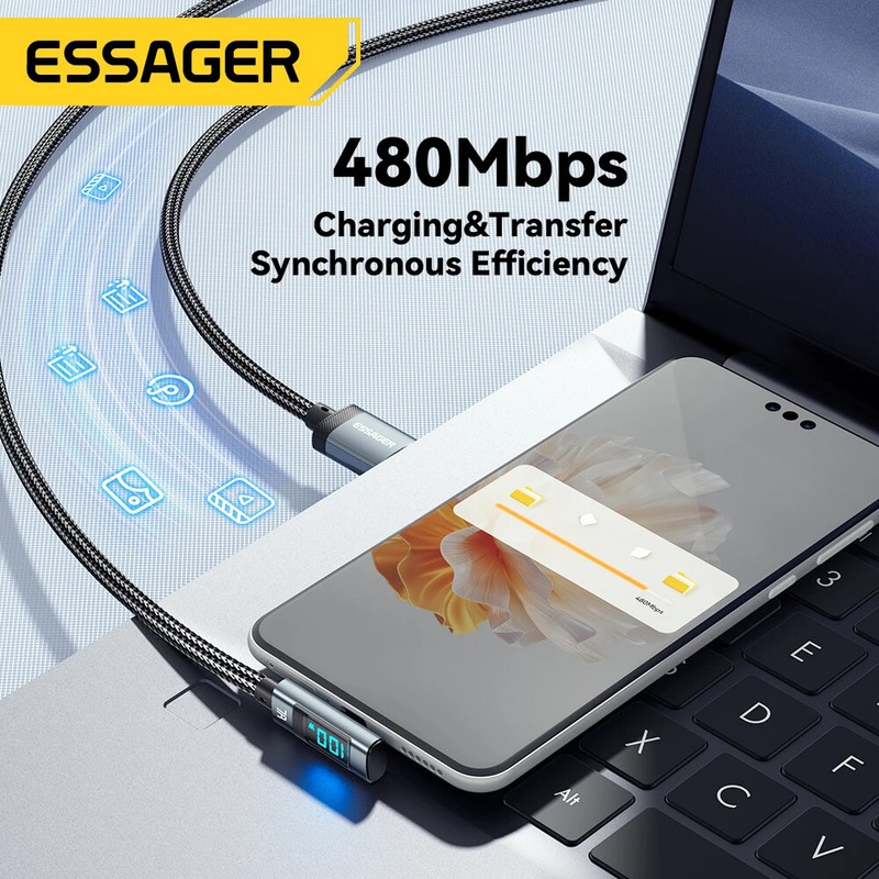 Essager 100W USB C Cable Fast Charge Digital Display Elbow USB A To Type C Cable gallery