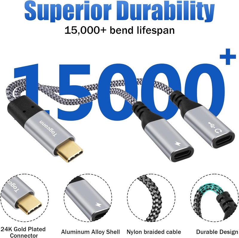 Dual USB C Headphone and Charger Adapter Y Splitter, 2-in-1 Type C to USB-C Audi gallery