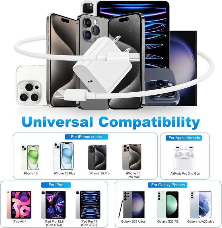 30W 3 Pcs Fast Charging Block & 3 Pcs Type C 10FT Cable, Universal (White) gallery