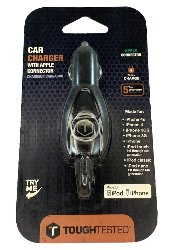 Tough Tested Apple 30-pin Connector Car Charger 8 ft Cord Quick Charge NEW