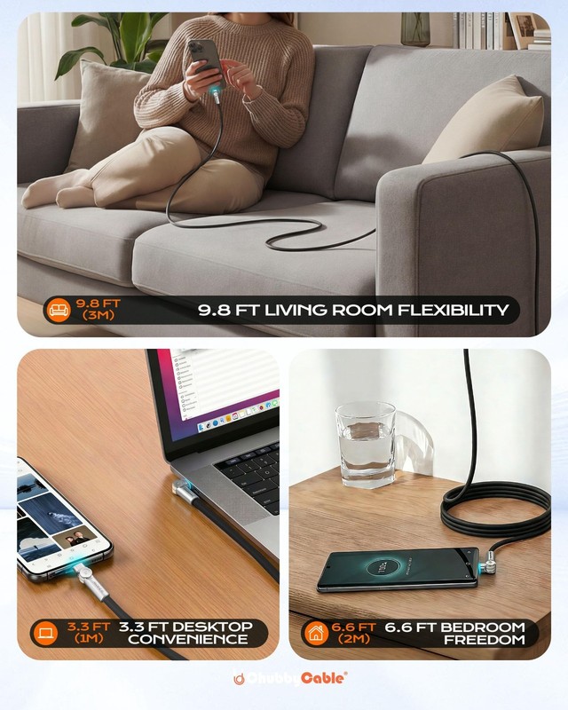 240W Dual 180° Rotating Fast Charging Cable, LED Light, Soft Silicone, 6.6ft, Du gallery
