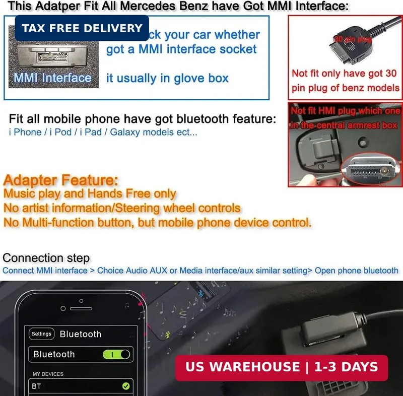 Bluetooth Adapter Compatible with Mercedes Benz Car Apple Android Phone Music MM gallery