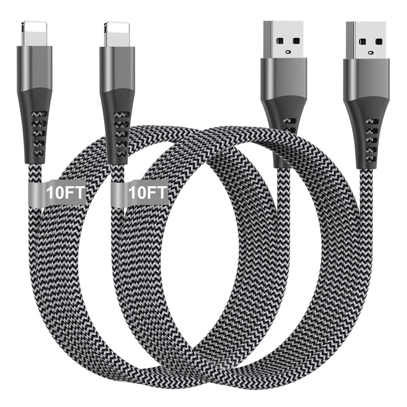 Teione Phone Charger Cord 2Pack 10FT USB Lighting Cable Nylon 3M+3M, Black