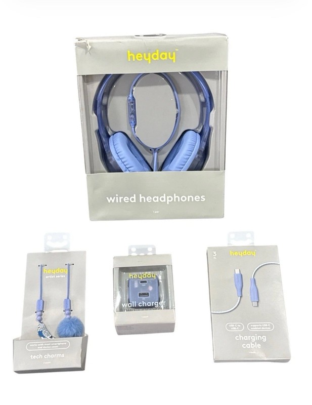 Heyday Wired Headphones, Charging Cable, Wall Charger & Tech Charms Bundle