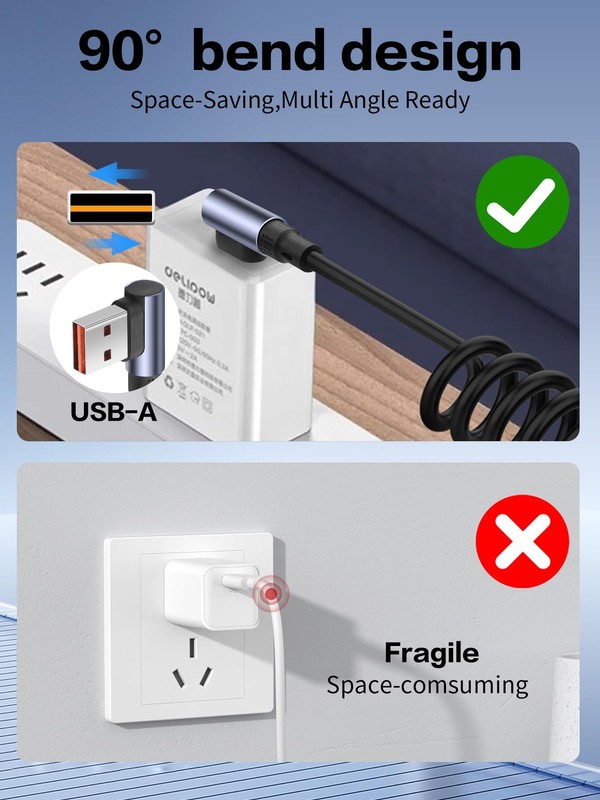 2in1 Coiled USB Charging Cable 90 Degree 1 To 2 Fast Charger Cord Micro gallery