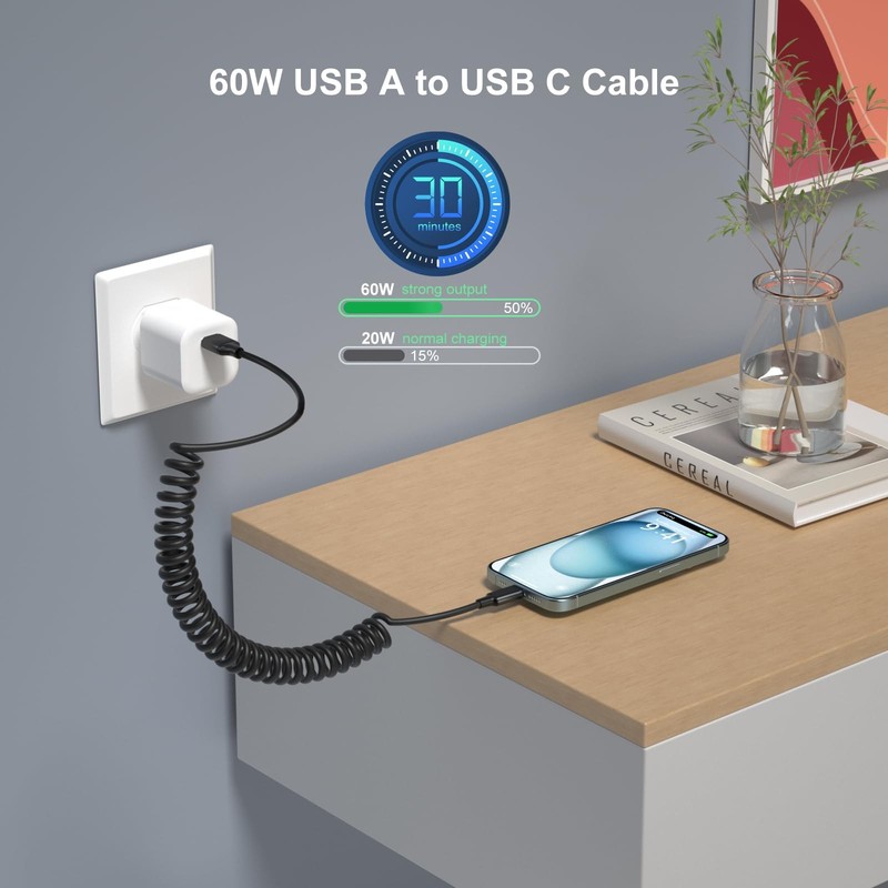 Coiled USB Cable for Car, 3ft Retractable Car Charger Fast Charging Cord 60W ... gallery