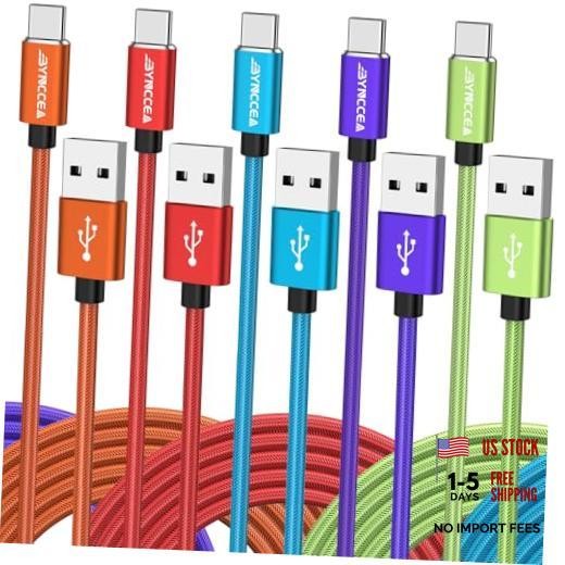 Bynccea 5 Pack USB C Cable 10ft Type C Red/Blue/Purple/Orange/Light Green*10ft