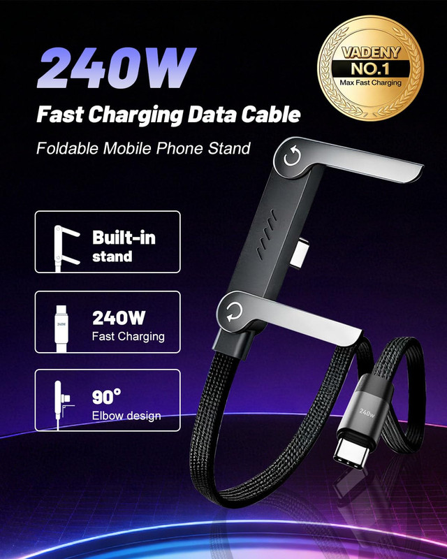 240W USB-C Charge Cable Invisible Holder Sideways Phone Charger with Stand 5 Ft gallery
