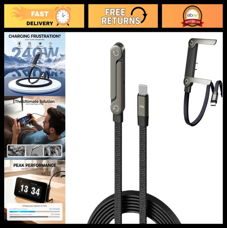Invisible Charger Cable with Stand, 240W Braided Fast Charge, 2-in-1 for Gaming
