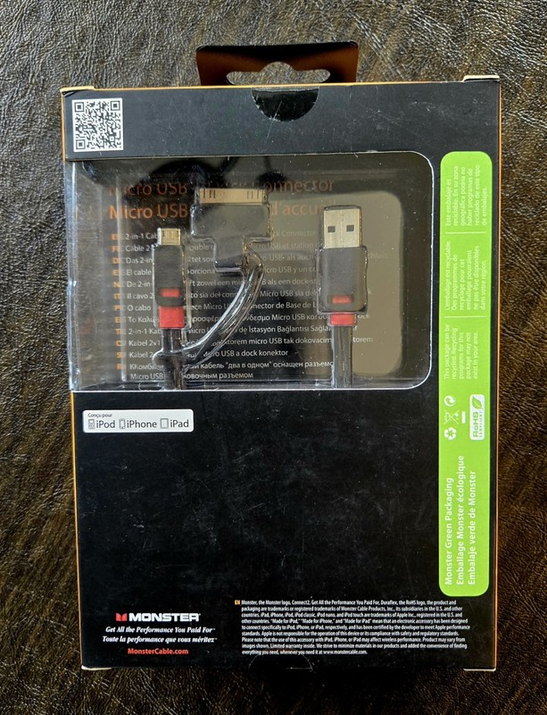 Monster Connect2 2-in-1 Cable Micro USB & Apple 30-Pin Dock Connector NIB NOS gallery