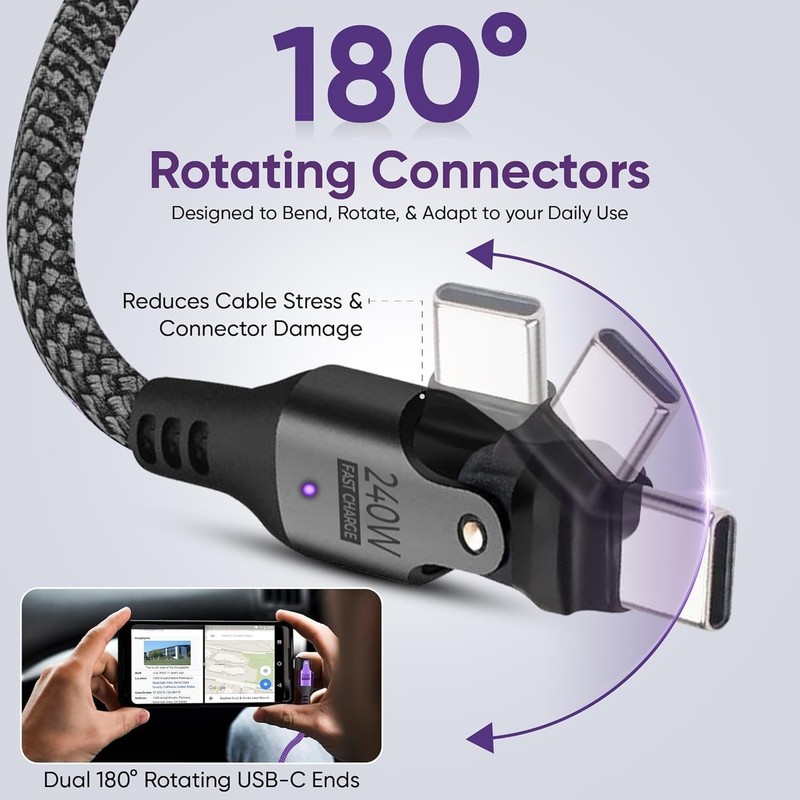 Durable 6ft USB Type C Cable, 240W Power Delivery with 180° Rotation gallery