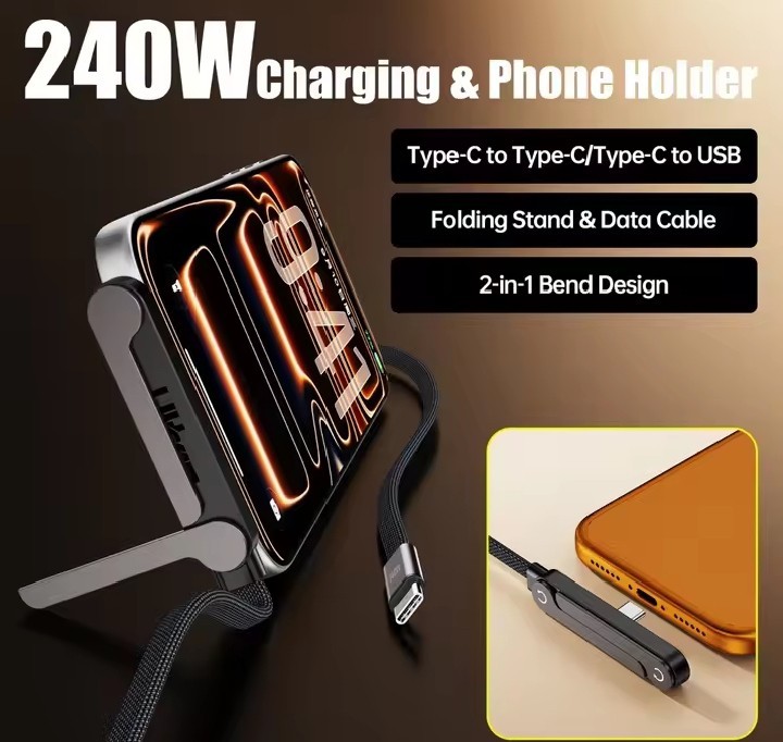 240W PD USB-C Fast Charging Cable Type-C Cord with Foldable Phone Holder gallery