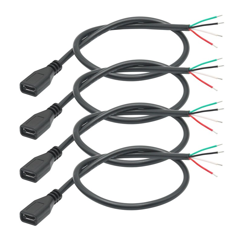 Micro USB Female 4 Pin Bare Wire Pigtail Power Data Cable 5V/2A 11 Inch 4 PCS