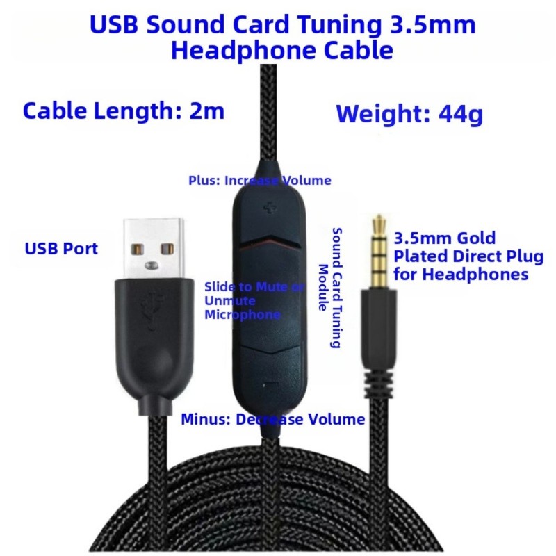 2 Meter USB Headphone Sound Card Cable Black for 3 5mm Gaming Headsets gallery
