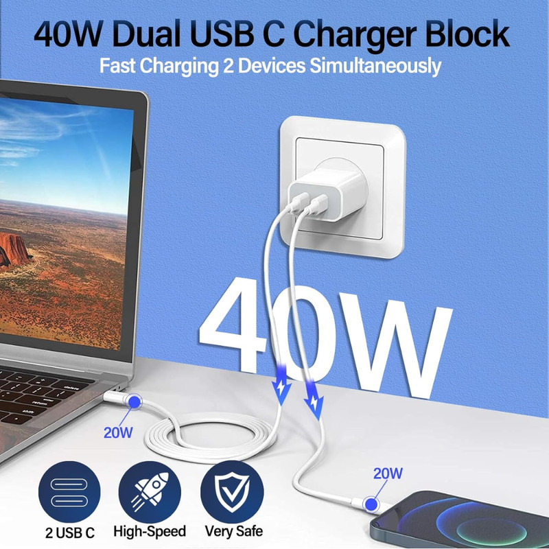 40W Dual USB TypeC Fast Wall Charger Adapter For iPhone iPad Android Samsung Lot gallery