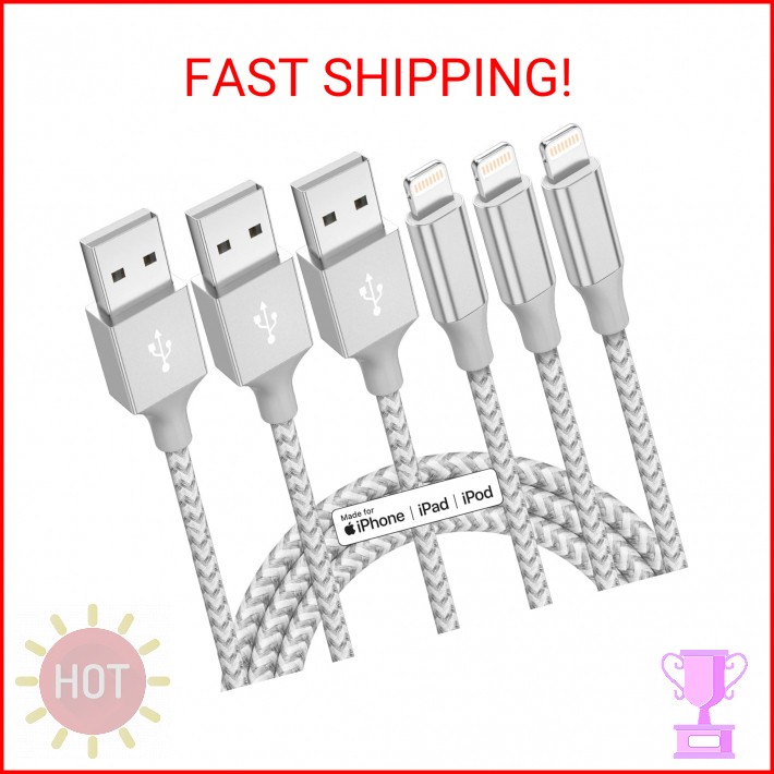 iPhone Charger 3 Pack 10 ft Apple MFi Certified Lightning Nylon Braided Cable Fa